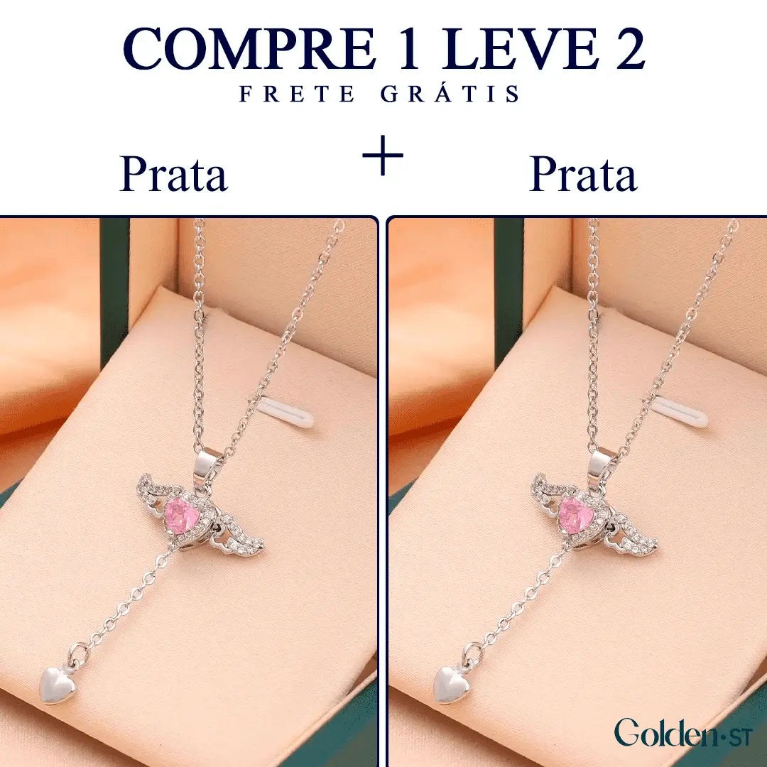 (COMPRE 1 LEVE 2) Colar Asa de Anjo com Coração de Quartzo - Folheado a Ouro e Prata 925