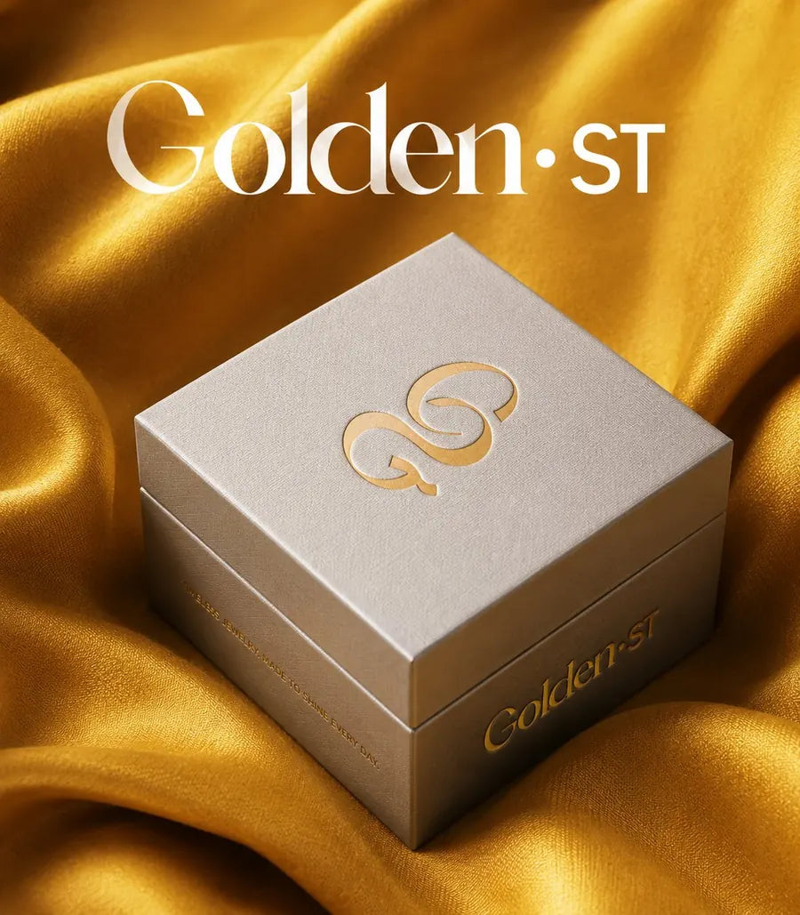 Caixa de joias Golden St sobre cetim dourado
