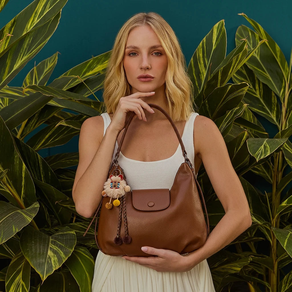 Modelo segurando a bolsa hobo vintage café no braço