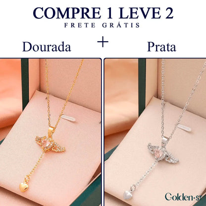 (COMPRE 1 LEVE 2) Colar Asa de Anjo com Coração de Quartzo - Folheado a Ouro e Prata 925