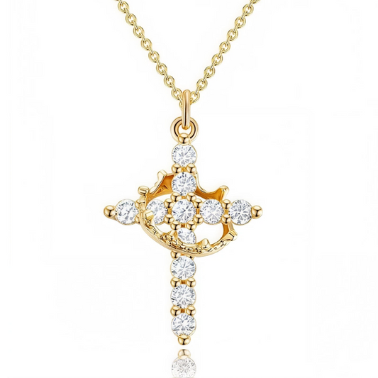 Colar Cruz com Coroa Giratória Dourado