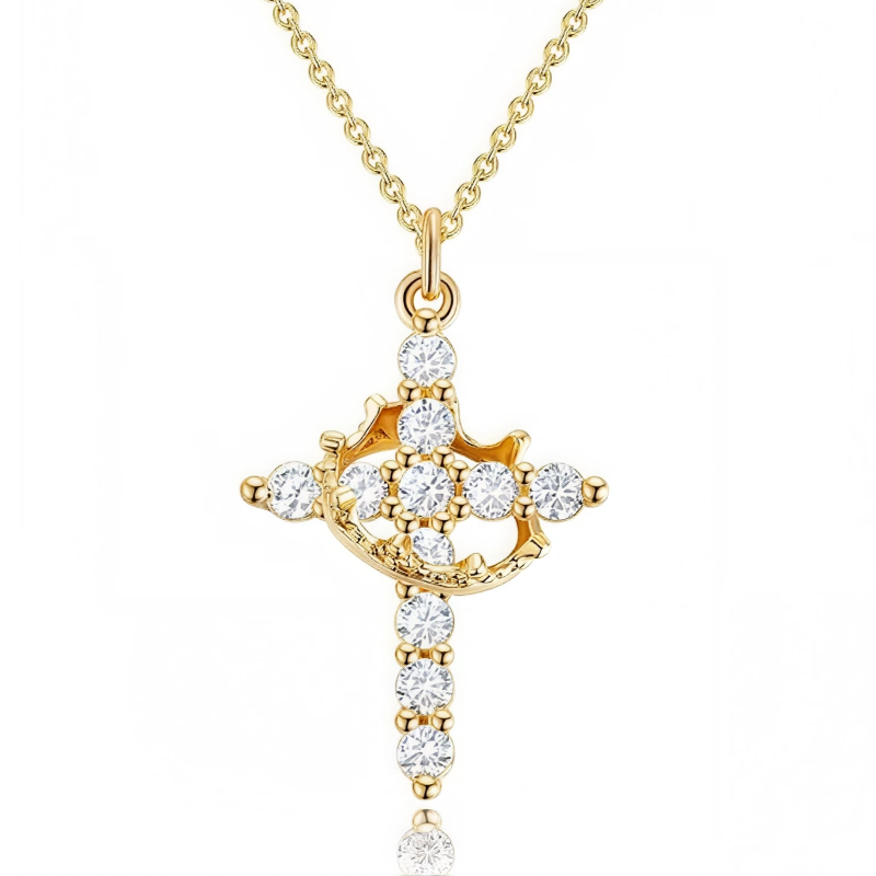 Colar Cruz com Coroa Giratória Dourado