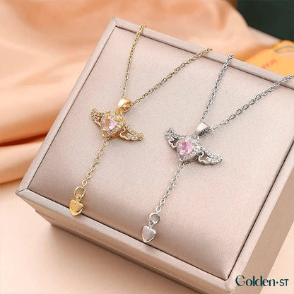 (COMPRE 1 LEVE 2) Colar Asa de Anjo com Coração de Quartzo - Folheado a Ouro e Prata 925