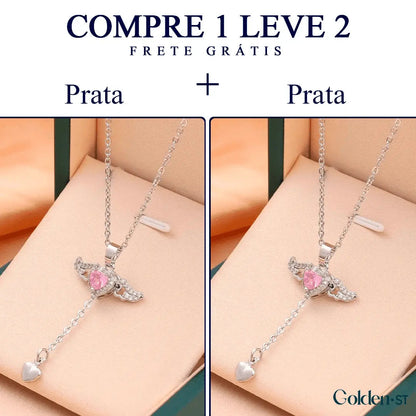 (COMPRE 1 LEVE 2) Colar Asa de Anjo com Coração de Quartzo - Folheado a Ouro e Prata 925