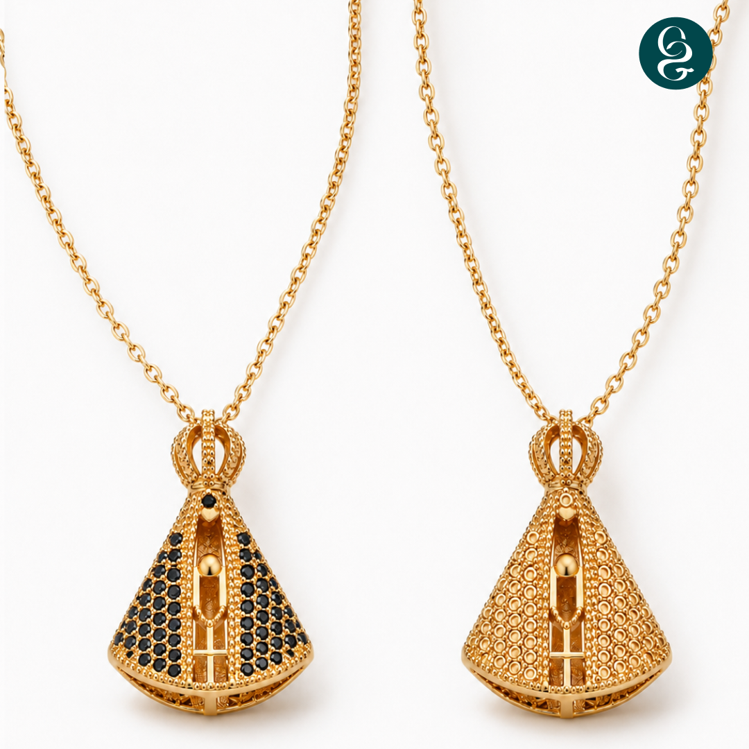 (COMPRE 1 LEVE 2) Colar Nossa Senhora Aparecida Folheado à Ouro e Dupla Face com Manto de Zircônia