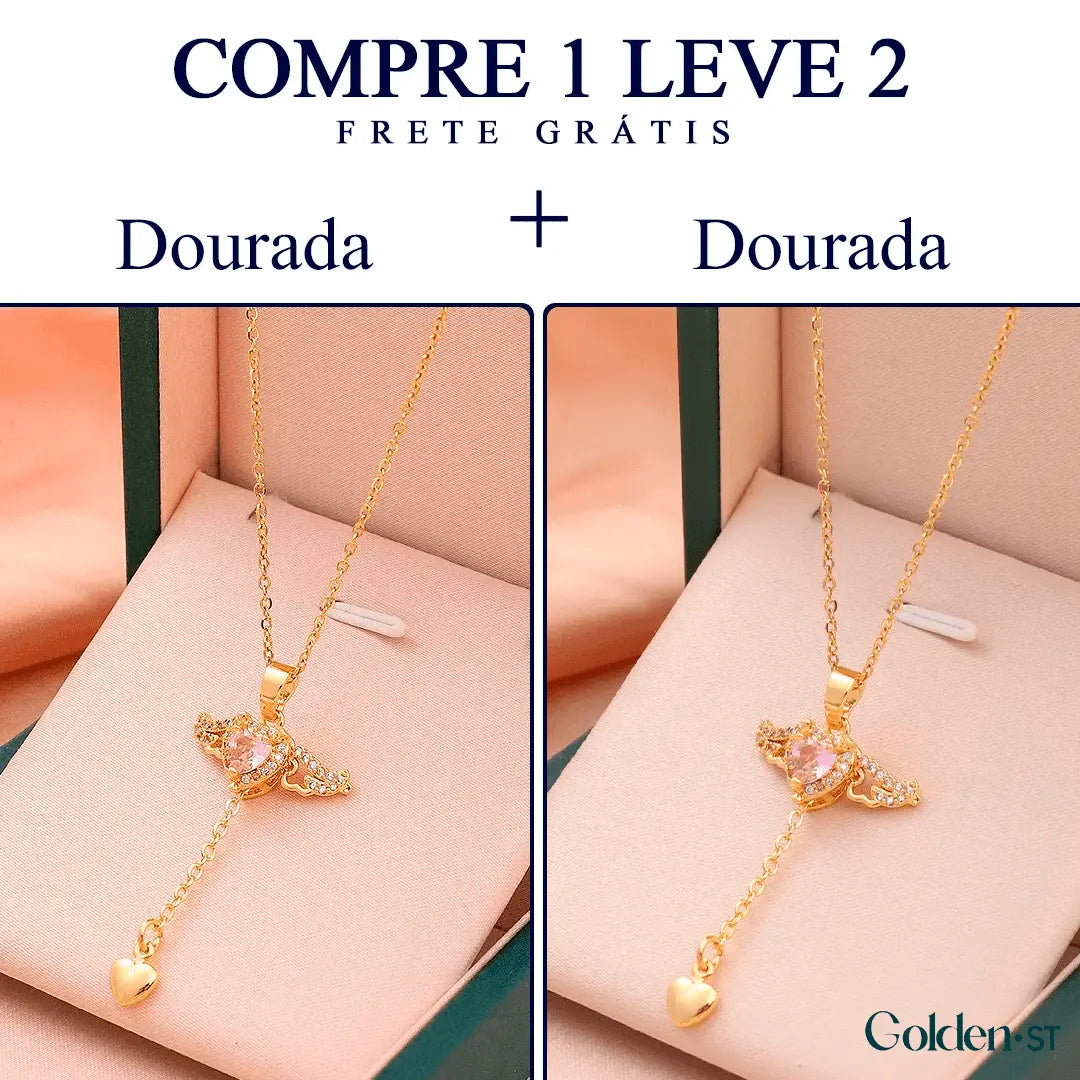(COMPRE 1 LEVE 2) Colar Asa de Anjo com Coração de Quartzo - Folheado a Ouro e Prata 925