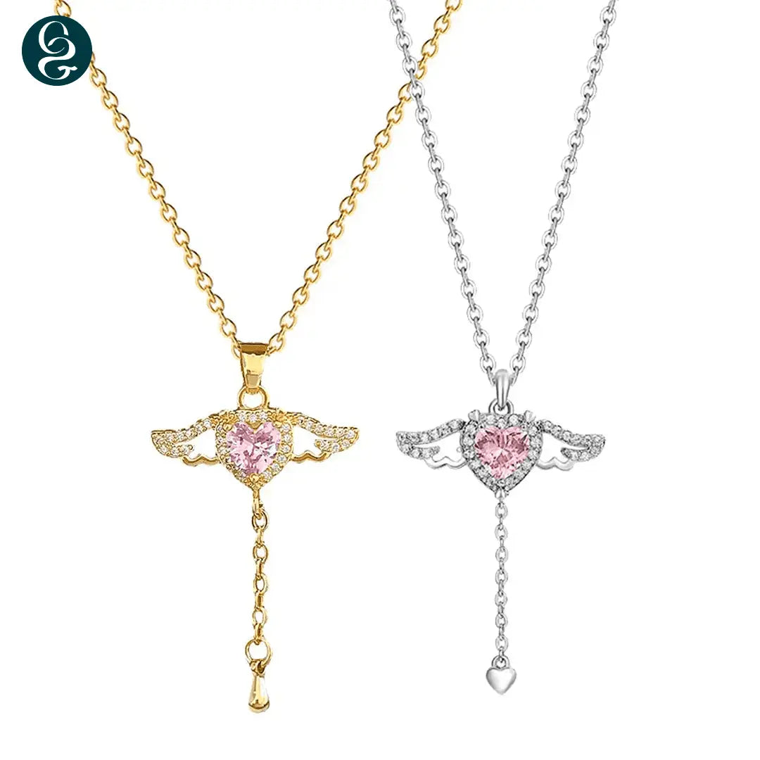(COMPRE 1 LEVE 2) Colar Asa de Anjo com Coração de Quartzo - Folheado a Ouro e Prata 925