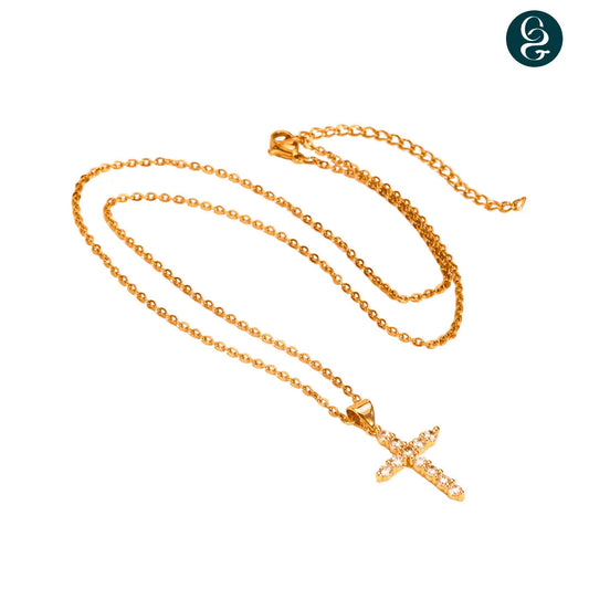 Colar Cruz Cravejada em Zircão e Prata Esterlina Dourada - Minimalista &amp; Luxuosa