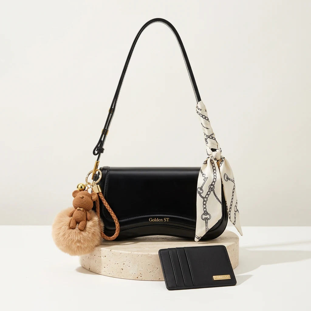 Bolsa preta com o Kit Golden e porta-cartão preto