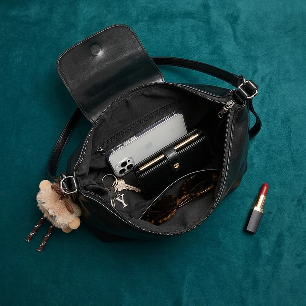 Bolsa mochila preta aberta com celular, carteira e chaves