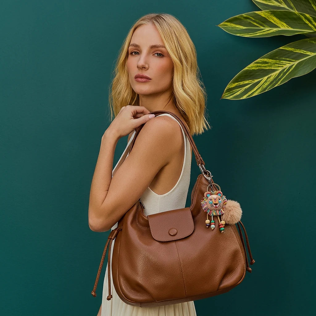 Modelo com a bolsa mochila café no ombro